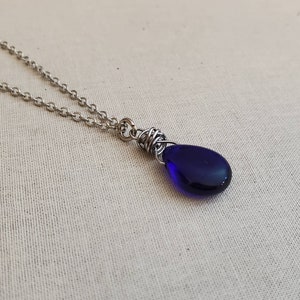 Cobalt Blue Glass Teardrop Pendant, Cobalt Blue Czech Glass, Dark Blue Pendant, Cobalt Glass Jewelry image 5