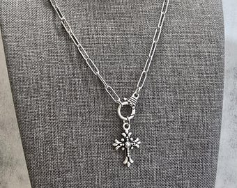 Antiqued Silver Fleur Cross Pendant Necklace, Stainless Steel Paperclip Chain