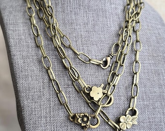 Antiqued Brass Paperclip Chain Necklace. Rustic Bronze Front Clasp