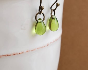 Petite Czech Glass Olive Green Teardrop Earrings in Antiqued Brass, Rustic Green Teardrop Earrings, Petite, Earthy, Antiqued Brass