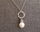 Boho White Pearl Pendant Necklace, Wire Wrap Jewelry, Pearl