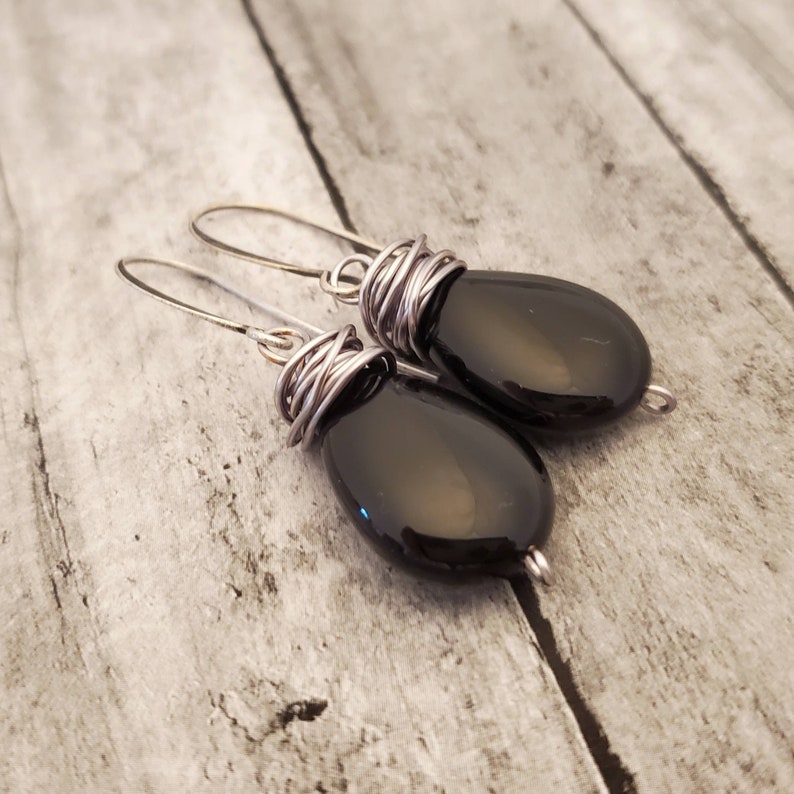 Black Onyx Teardrop Earrings, Black Onyx Earrings, Long Dangle, Leverback, Black Gemstone Earrings, Wire Wrapped, EARRINGS ONLY image 6