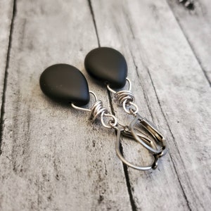 Matte Black Teardrop Earrings, Frosted Black Earrings, Long Dangle, Leverback, Matte Black Czech Glass Earrings, Wire Wrapped