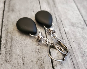 Matte Black Teardrop Earrings, Frosted Black Earrings, Long Dangle, Leverback, Matte Black Czech Glass Earrings, Wire Wrapped