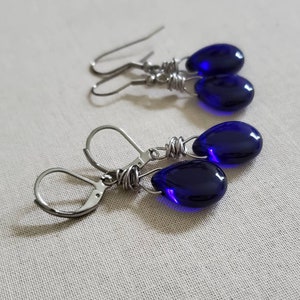 Translucent Cobalt Teardrop Earrings, Cobalt Blue Glass Teardrop Earrings, Cobalt Blue Wire Wrapped Earrings, Antiqued Silver image 8