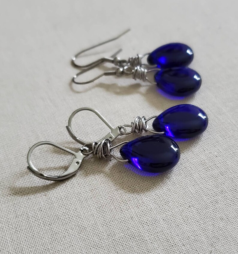 Translucent Cobalt Teardrop Earrings, Cobalt Blue Glass Teardrop Earrings, Cobalt Blue Wire Wrapped Earrings, Antiqued Silver image 8