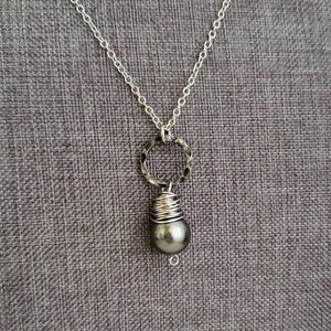 Long Boho Dark Gray Pearl Pendant Necklace, Wire Wrap, Pearl of Great Price, Antique Silver Chain Necklace, Dark Gray Pearl Pendant