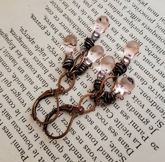 Vintage Pink Czech Glass Dangle Earrings, Pink Glass Chandelier.