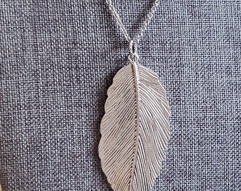 Long Silver Leaf Pendant Necklace, Silver Leaf Pendant, Long Silver Layering Necklace, Long Boho Stainless Steel Necklace, Layering Necklace