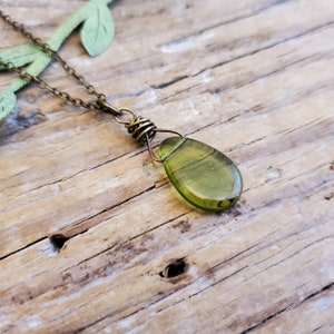 Minimal Olive Green Antiqued Brass Necklace, Wire Wrapped Olivine Czech Glass Pendant, Chartreuse Pendant, Olive Branch