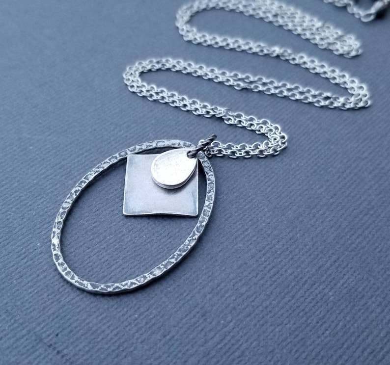 Long Boho Antiqued Silver Minimal Layering Necklace, Steampunk, Minimal Oval Ring Pendant, Silver Chain, Skinny Chain image 1