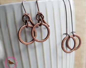 Minimal Copper Ring Earrings, Copper Ring Drop Earrings, Long Antiqued Copper Circle Earrings