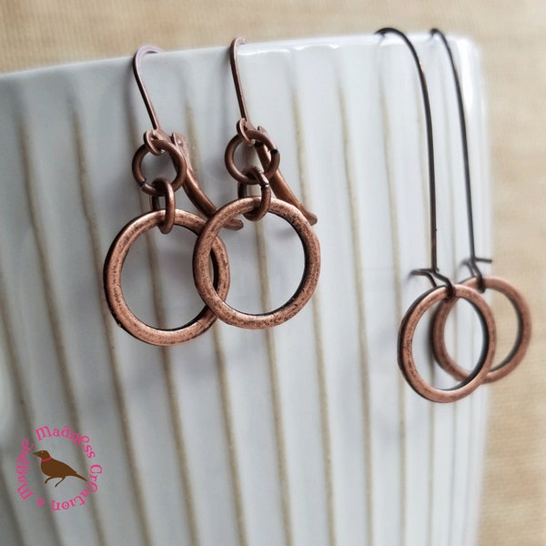 Minimal Copper Ring Earrings, Copper Ring Drop Earrings, Long Antiqued Copper Circle Earrings