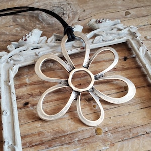 Silver Groovy Flower Pendant Leather Necklace, Long Gray Leather Necklace, Silver Open Flower Gray Leather Layering Necklace