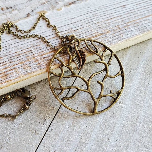 Long Boho Tree of Life Brass Necklace, Tree of Life Layering, Rustic Brass Layering Necklace, Tree of Life Pendant, Brass Chain