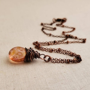 Rustic Copper Glass Teardrop Pendant, Rustic Transparent Copper Necklace, Rustic Copper Necklace, Copper, Boho, Wire Wrapped, Burnt Orange image 5