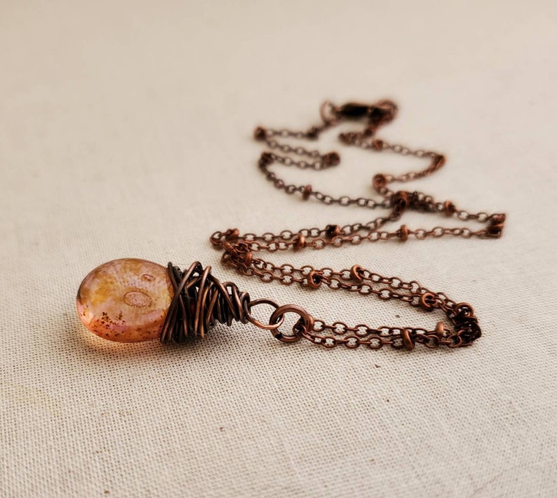 Rustic Copper Glass Teardrop Pendant, Rustic Transparent Copper Necklace, Rustic Copper Necklace, Copper, Boho, Wire Wrapped, Burnt Orange image 5