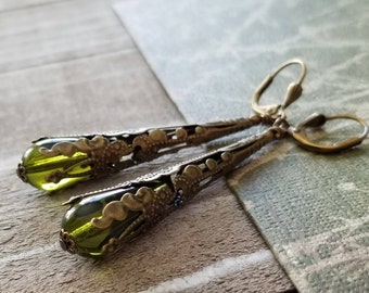 Olivine Green Long Filigree Antiqued Brass Earrings, Neo Victorian, Long Antiqued Green Filigree Cone Earrings, Long, Elegant, Olive