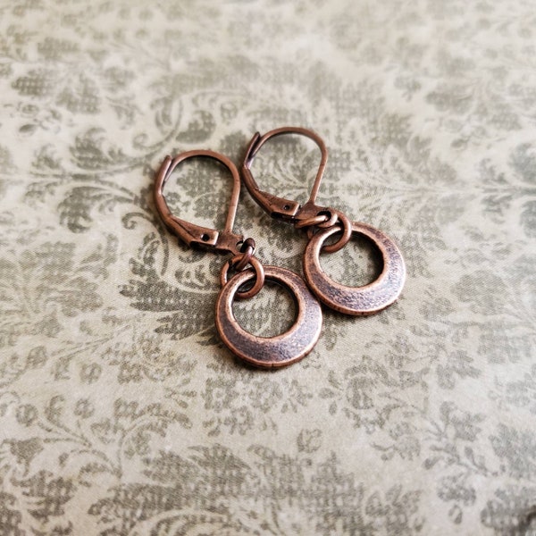 Minimal Antiqued Copper Donut Earrings, Simple Copper Ring Necklace, Copper Ring Earrings, Stacking Necklace