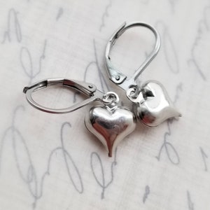 Antiqued Silver Puffed Heart Earrings, Simple Dark Silver Heart Earrings, Minimal Heart Earrings, Valentine Gift, Surgical Steel