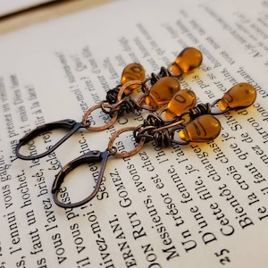 Coppery Topaz Czech Glass Dangle Earrings, Copper Glass Chandelier Earrings, Rustic Burnt Topaz Glass Drops in Copper