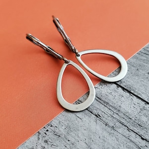 Minimal Stainless Steel Open Teardrop Earrings, Silver Open Teardrop Earrings, Minimal Stainless Steel Teardrop Hoop Earrings