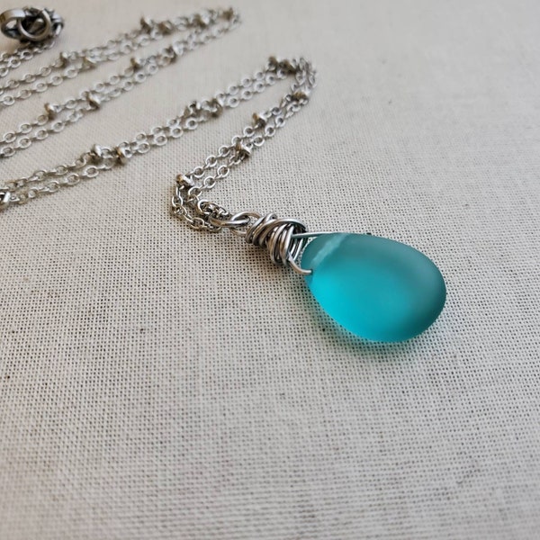 Minimal Matte Sea Foam Czech Sea Glass Teardrop Pendant, Wire Wrapped, Rich Aqua Blue Glass Pendant Necklace in Antiqued Silver,