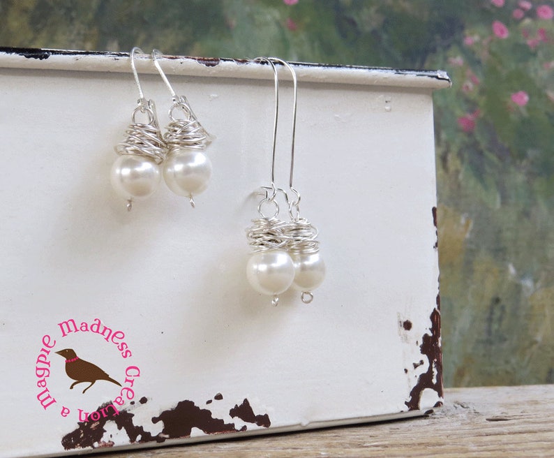 Sterling Wire Wrapped Dangle White Pearl Earrings Wire Wrap MagpieMadness for Etsy Messy Wire Wrapped White Pearl Earrings Pearls