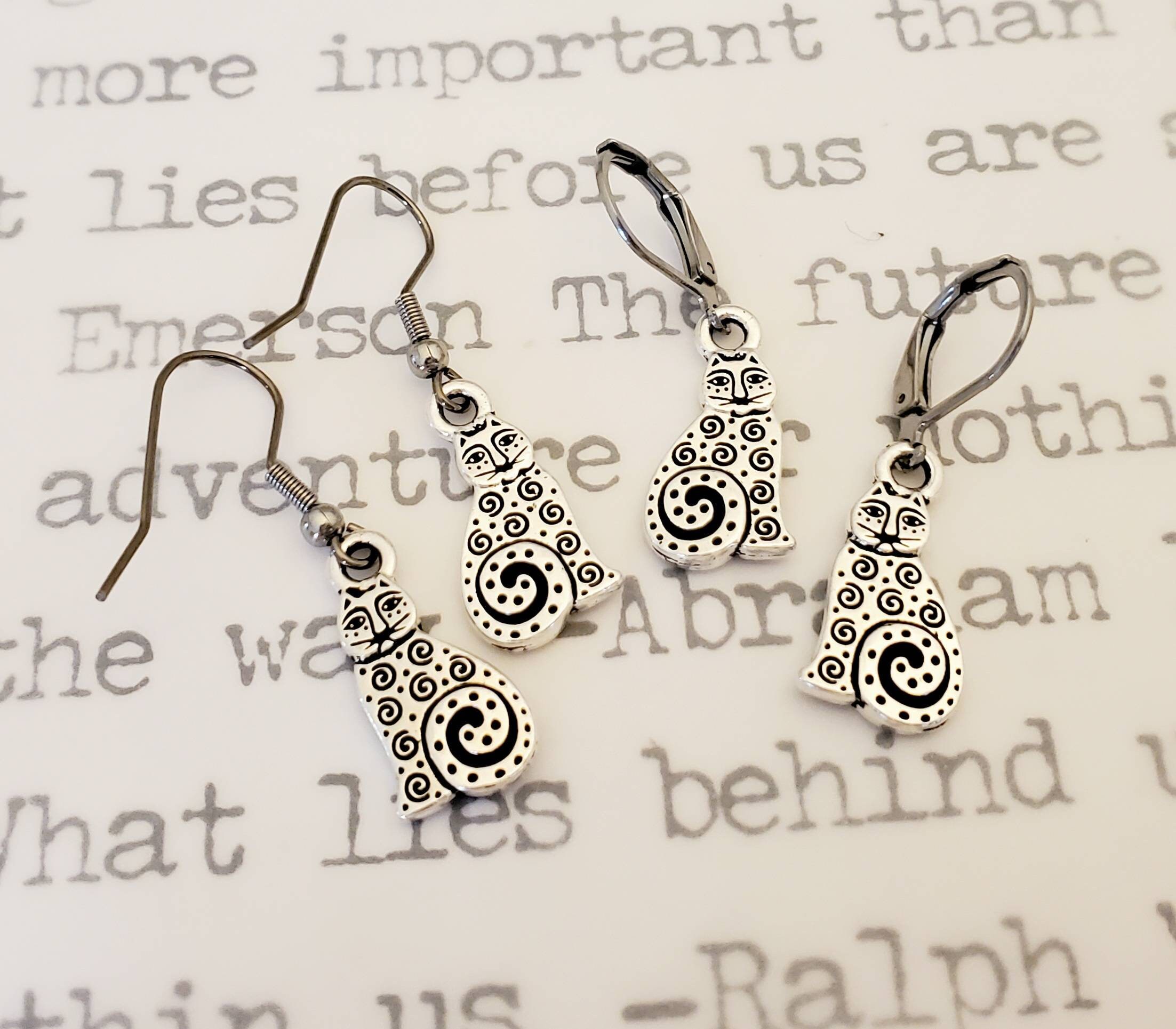 Silver Cat Earrings, Cat Earrings, Tabby, Minimal, Antiqued