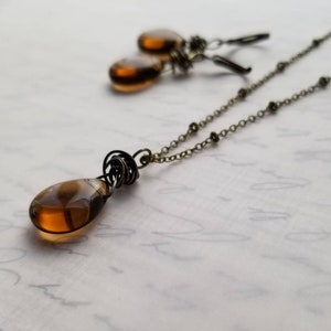 Brown Teardrop Pendant Necklace, Brown Glass Pendant Necklace, Antique Brass Beaded Chain Necklace, Wire Wrapped Brown Czech Glass Pendant