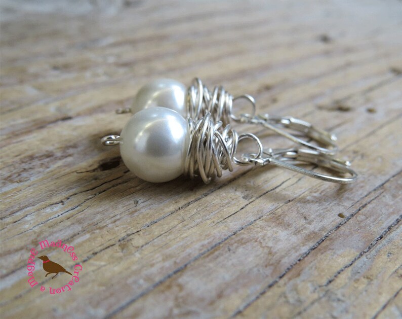 Sterling Wire Wrapped Dangle White Pearl Earrings Wire Wrap MagpieMadness for Etsy Messy Wire Wrapped White Pearl Earrings Pearls