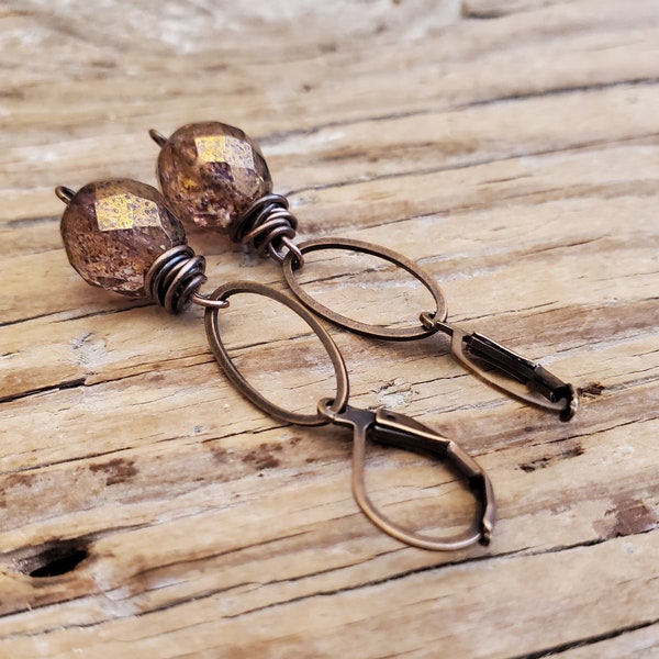 Long Boho Rustic Bronze Glass Earrings Wire-wrapped in Antiqued Copper, Brown Earrings, Rustic Faceted Bronze Czech Glass Earrings,