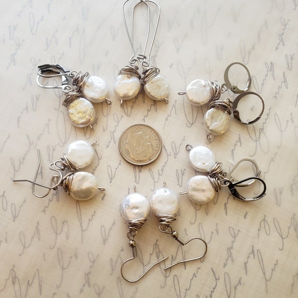 Antiqued Silver Wire Wrapped Baroque White Coin Pearl Earrings, White Flat Pearl Earrings, White Coin Pearl Earrings