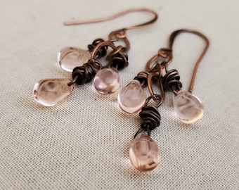 Vintage Pink Czech Glass Cluster Earrings: Rustic Copper Drops