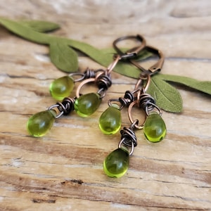 Olivine Green Czech Glass Cluster Earrings: Antiqued Copper Wire Wrap, Dangle