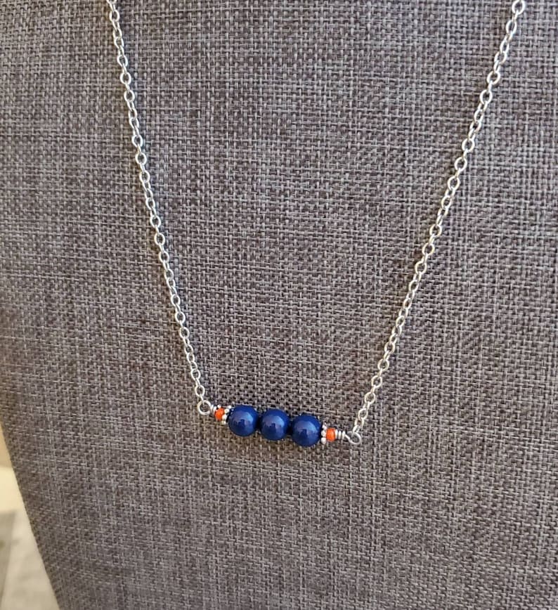 Blue and Orange Necklace, Blue Pearl Bar Necklace, UVA Cavalier Team Spirit Jewelry, Blue and Orange Bar Necklace image 1