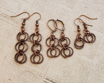 Textured Copper Hoop Earrings, Textured Copper Ring Drop Earrings, Long Antiqued Copper 3 Circle Earrings, Copper Dangle