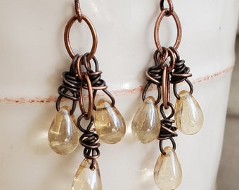 Champagne Czech Glass Cluster Earrings in Coper, Transparent Glass Chandelier Earrings, Rustic Golden Shadow Glass Drops in Oxidized Copper