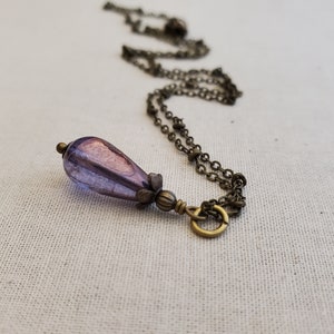 Lavender Denim Czech Glass Pendant Necklace in Antiqued Brass Satellite Chain, Purple Glass Pendant Necklace