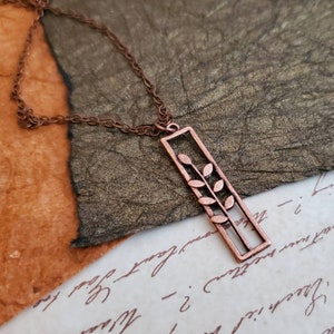 Minimal Antiqued Copper Wheat Leaf Rectangle Pendant Necklace, Copper Wheat Leaf Necklace, Stacking Necklace