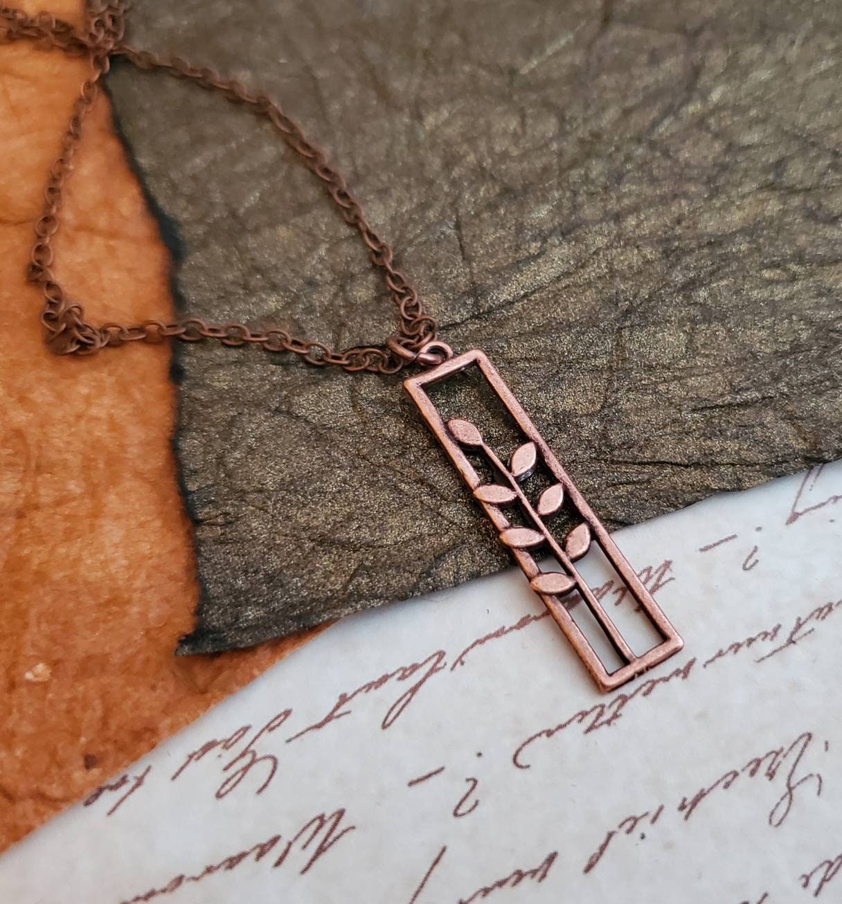 Minimal Antiqued Copper Wheat Leaf Rectangle Pendant Necklace, Copper Wheat Leaf Necklace, Stacking Necklace