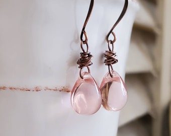 Antiqued Pink Glass Briolette Earrings in Oxidized Copper, Dangle Earrings, Pale Pink Glass Leverback Earrings, Wire wrapped,  Rosette,