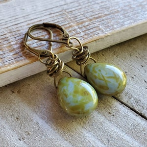 Rustic Green and Blue Czech Glass Teardrop Earrings in Hand Antiqued Brass, Rustic Green Teardrop Earrings, Khaki Czech Glass Earrings