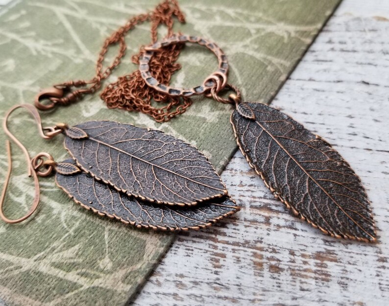 Long Boho Copper Leaf Pendant Necklace Antiqued Copper Leaf Etsy