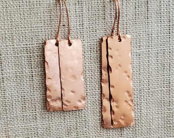 Minimal Hand Hammered Copper Rectangle Earrings--2 Sizes, Copper Dangle Earring, Steampunk, Hammered Copper Rectangle Drop Earrings,