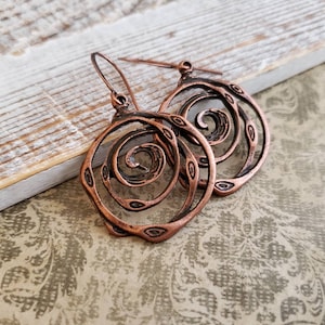 Copper Swirl Ring Earrings, Copper Ring Disc Earrings, Antiqued Copper Earrings, Swirled Wire Copper Circle Earrings