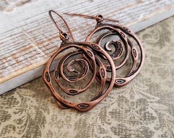 Copper Swirl Ring Earrings, Copper Ring Disc Earrings, Antiqued Copper Earrings, Swirled Wire Copper Circle Earrings