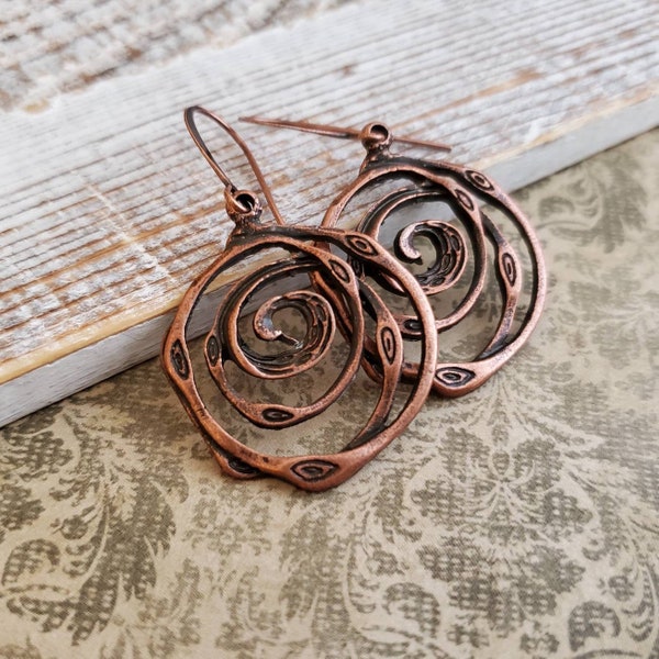 Copper Swirl Ring Earrings, Copper Ring Disc Earrings, Antiqued Copper Earrings, Swirled Wire Copper Circle Earrings