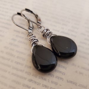 Black Teardrop Earrings, Black Earrings, Long Dangle, Leverback, Black Czech Glass Earrings, Wire Wrapped