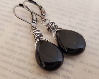 Black Teardrop Earrings, Black Earrings, Long Dangle, Leverback, Black Czech Glass Earrings, Wire Wrapped